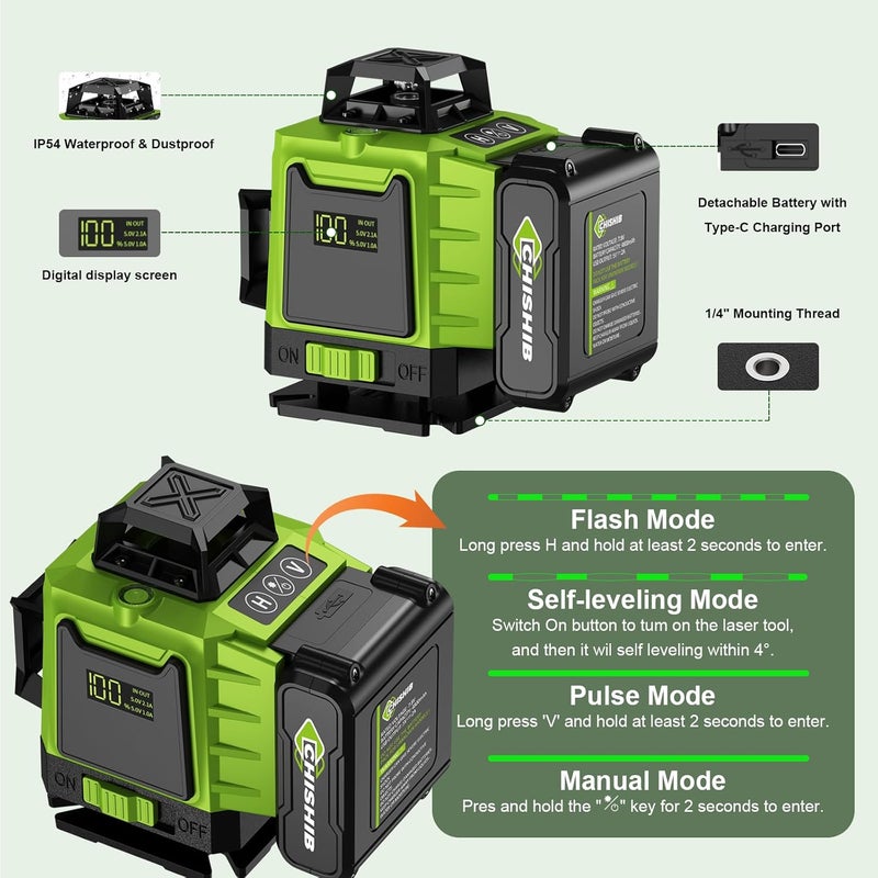 CHISHIB 16 Lines Green Laser Level Kit -4x360° 4D Self-Leveling Cross Line Laser Level, Rotary Base and Accessories for Construction, Home Improvement and Picture Hanging,(Safety Class ll, <1mW power output.) - Image 4